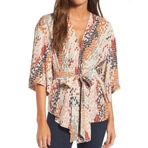 TROUVÉ | Wrap Blouse Belt Abstract Multi Colored Pixel Top Print Belted | Medium